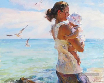 mère et le bébé sur les mouettes de plage 44 Impressionist Peinture à l'huile